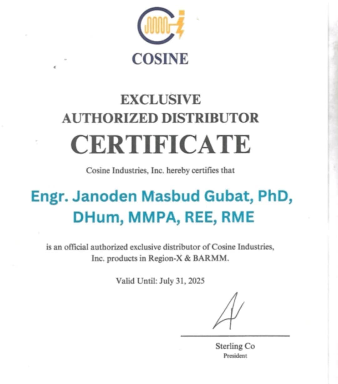 Cosine Industries exclusive authorized distributor certificate
